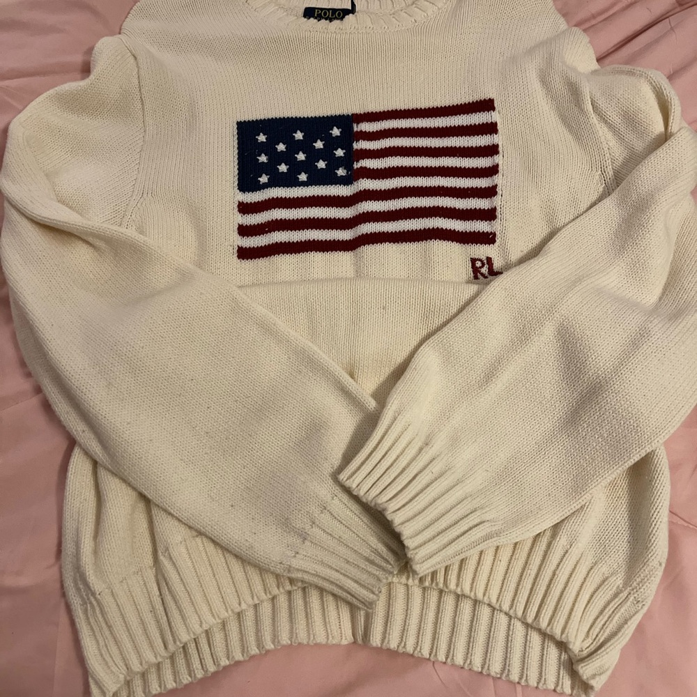 Ralph Lauren Cream Sweater with Flag Design - BARELY WORN (BOUGHT BRAND NEW)